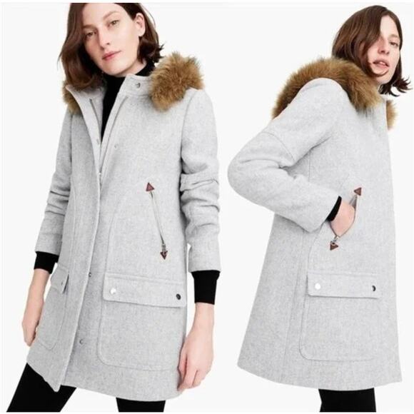 J. Crew stadium Cloth Gray Faux Fur Trim Coat - Picture 3 of 3